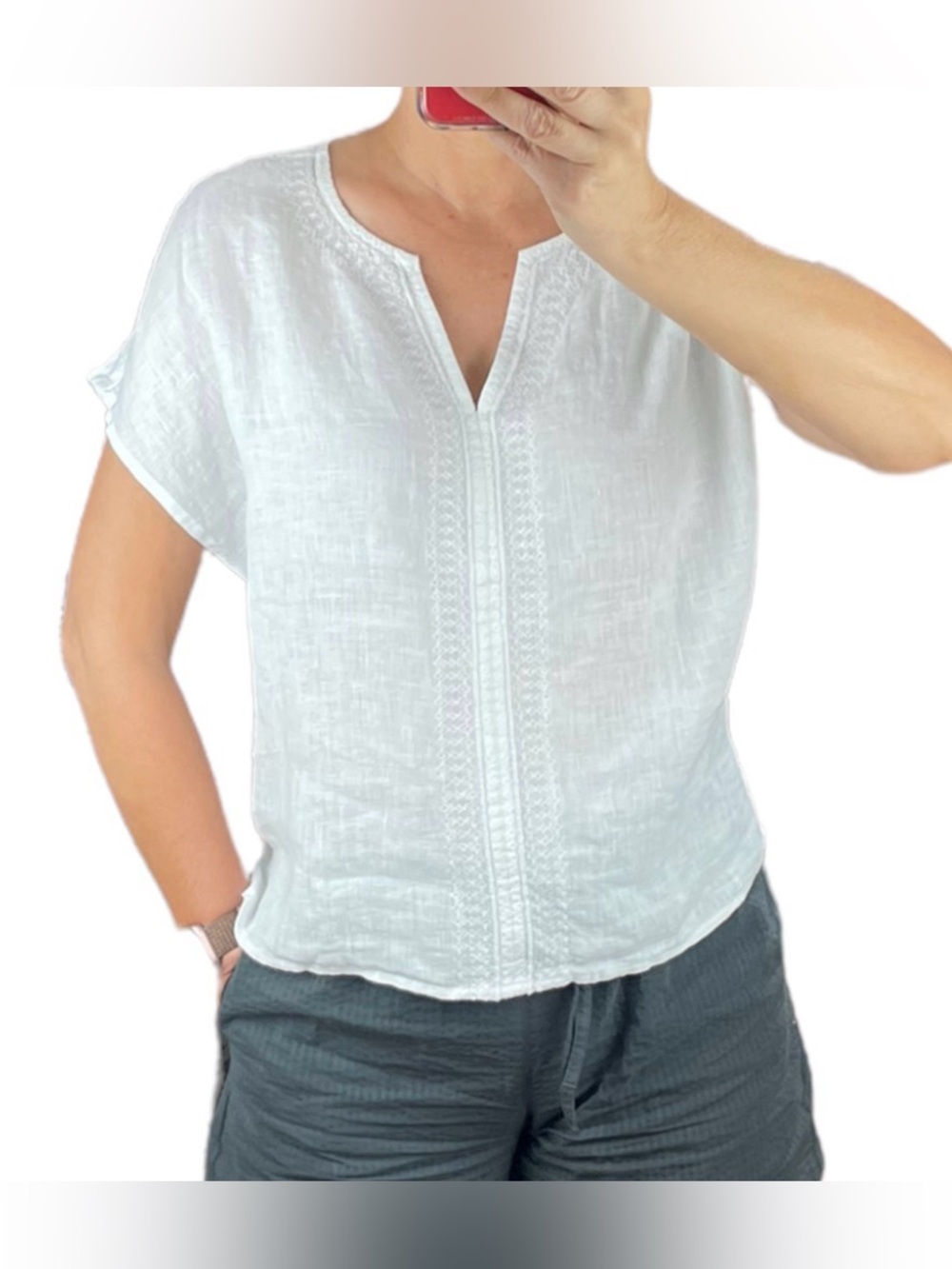 Women’s House of Harlow 1960 100% Linen Embroidered V-Neck Popover Blouse Large